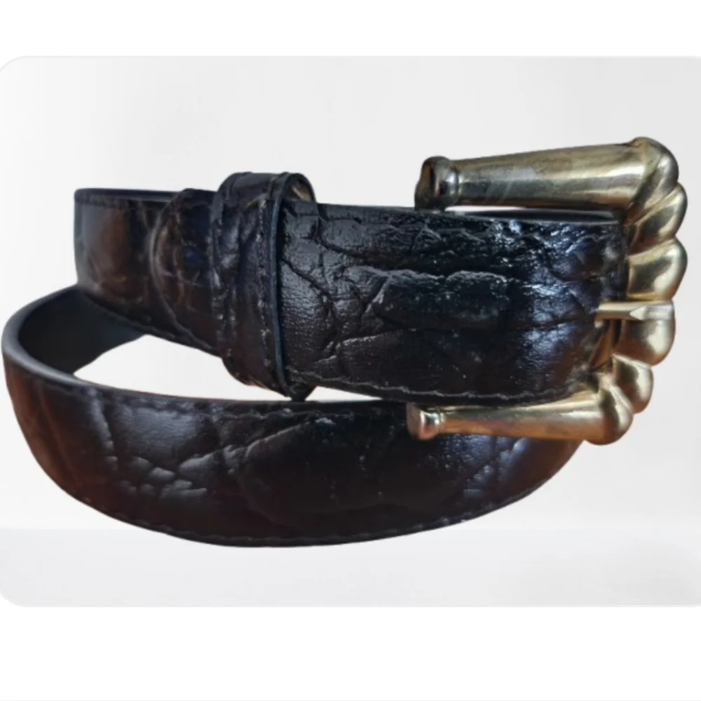 Mexico Dark Brown Faux Leather Textured Belt Gold Tone Metal Buckle